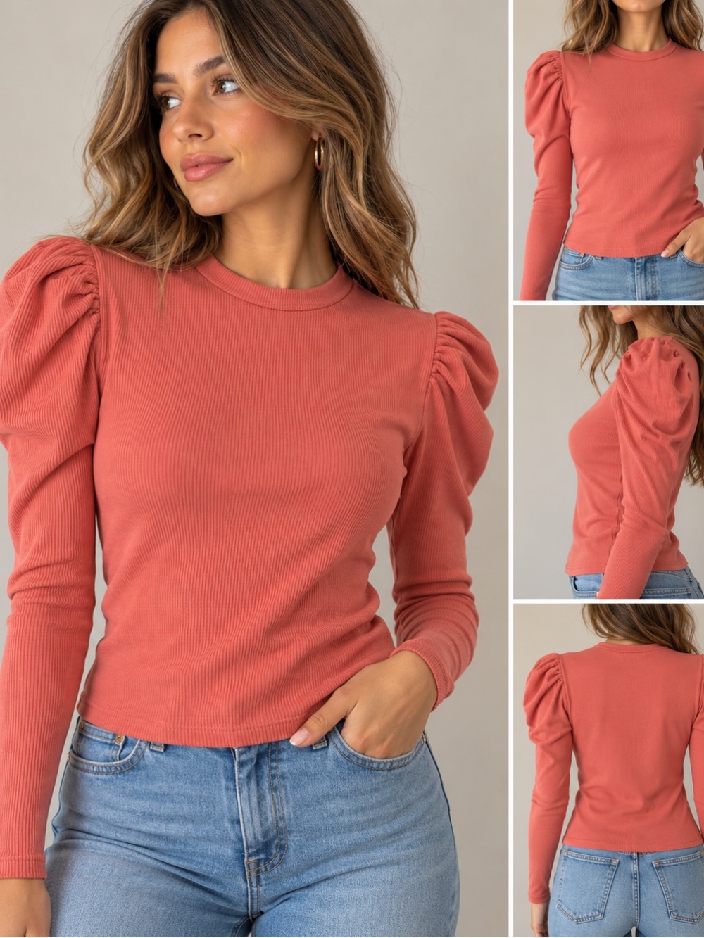 Wearever Coral Pink Ribbed Puff Sleeve Top Women’s S Ruched Shoulder Y2K